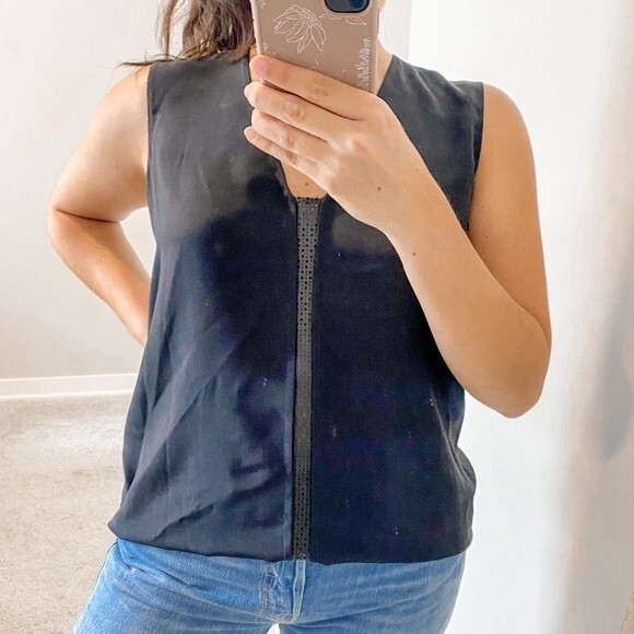 Vince Black Tank Top Silk Perforated Lamb Leather Classic Minimalist Medium - Picture 1 of 7